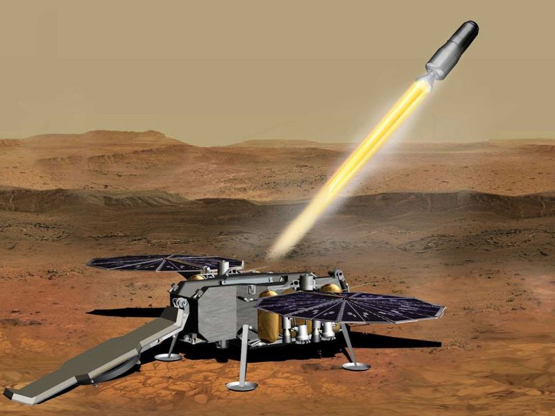 An illustration of the Mars Ascent Vehicle (MAV) that will transport gathered Martian samples from the surface to orbit, where it will rendezvous with another spacecraft. Credit: NASA/JPL-Caltech