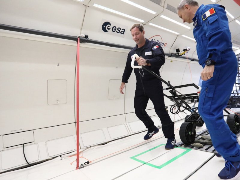 This picture shows the Lunar Equipment Support Assembly (LESA) being tested during a partial-gravity parabolic flight.