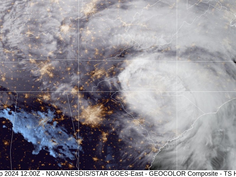 A multispectral composite image showing the far-reaching destructive impact of Helene Sept. 27 across the United States, which continued to suffer power and communication outages long after the storm passed.