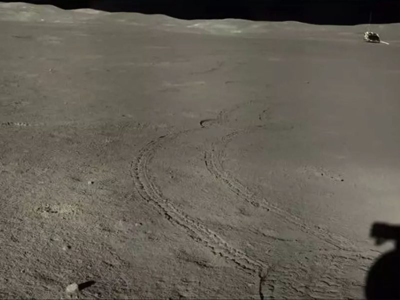 Stitched images from the Yutu-2 rover showing the distant Chang'e-4 lander.