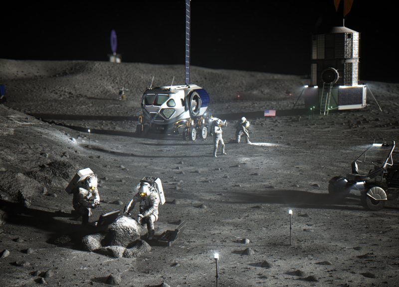 Illustrations of astronauts working at an Artemis base camp on the lunar south pole. Credit: NASA