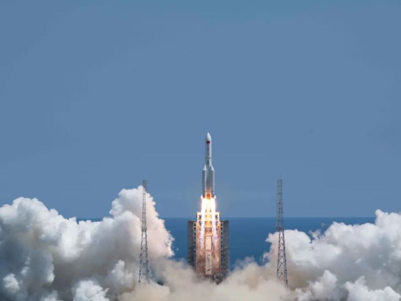Liftoff of the third Long March 5B rocket, carrying the Wentian space station module into orbit on July 24, 2022.
