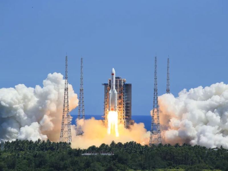 Liftoff of the third Long March 5B heavy-lift rocket from the coastal Wenchang spaceport, carrying the Wentian space station module into orbit on July 24, 2022.