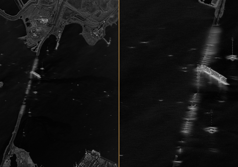 SAR imagery captured March 26, 2024, showing the Francis Scott Key bridge collapse in Baltimore. Credit: Capella Space