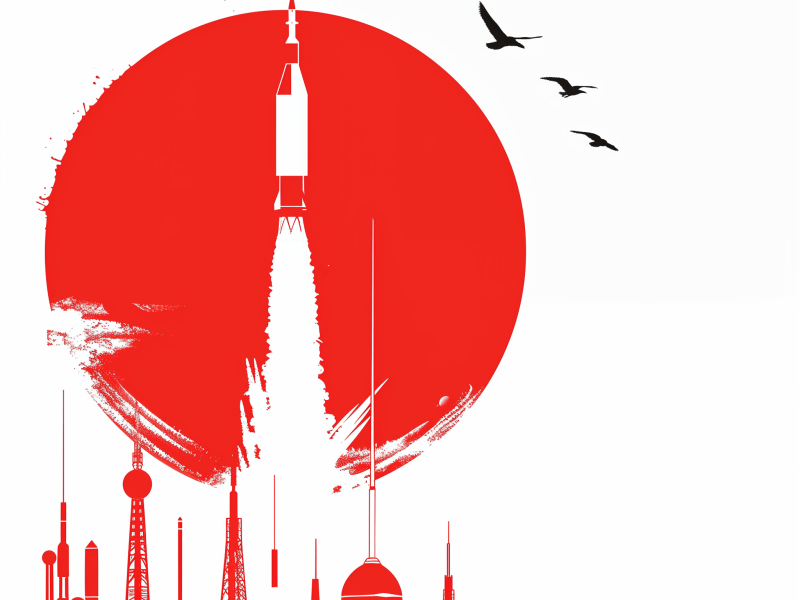 an illustration of a rocket launch and set against the sun, invoking the Japanese flag.