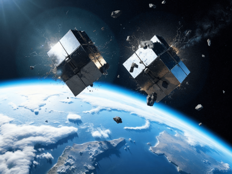 A GeniGPT-generated image depicting two satellites exploding in orbit.