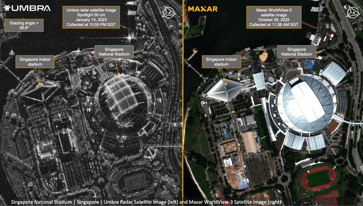 Images of Singapore National Stadium, Singapore, collected by an Umbra radar satellite (left) and Maxar’s WorldView-3 satellite (right). These are the first images Umbra has shared from its SAR satellites. Credit: Maxar/Umbra